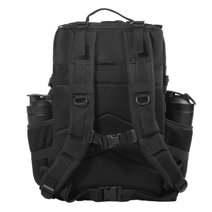 Black tactical backpack with multiple compartments and straps on a white background