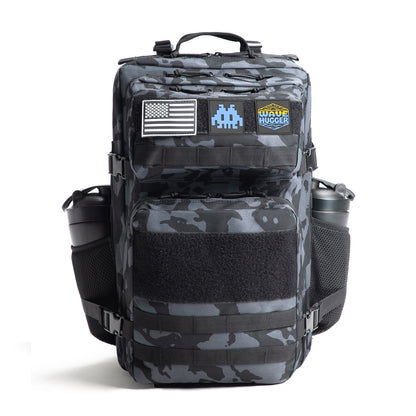 Camouflage backpack with patches on a white background