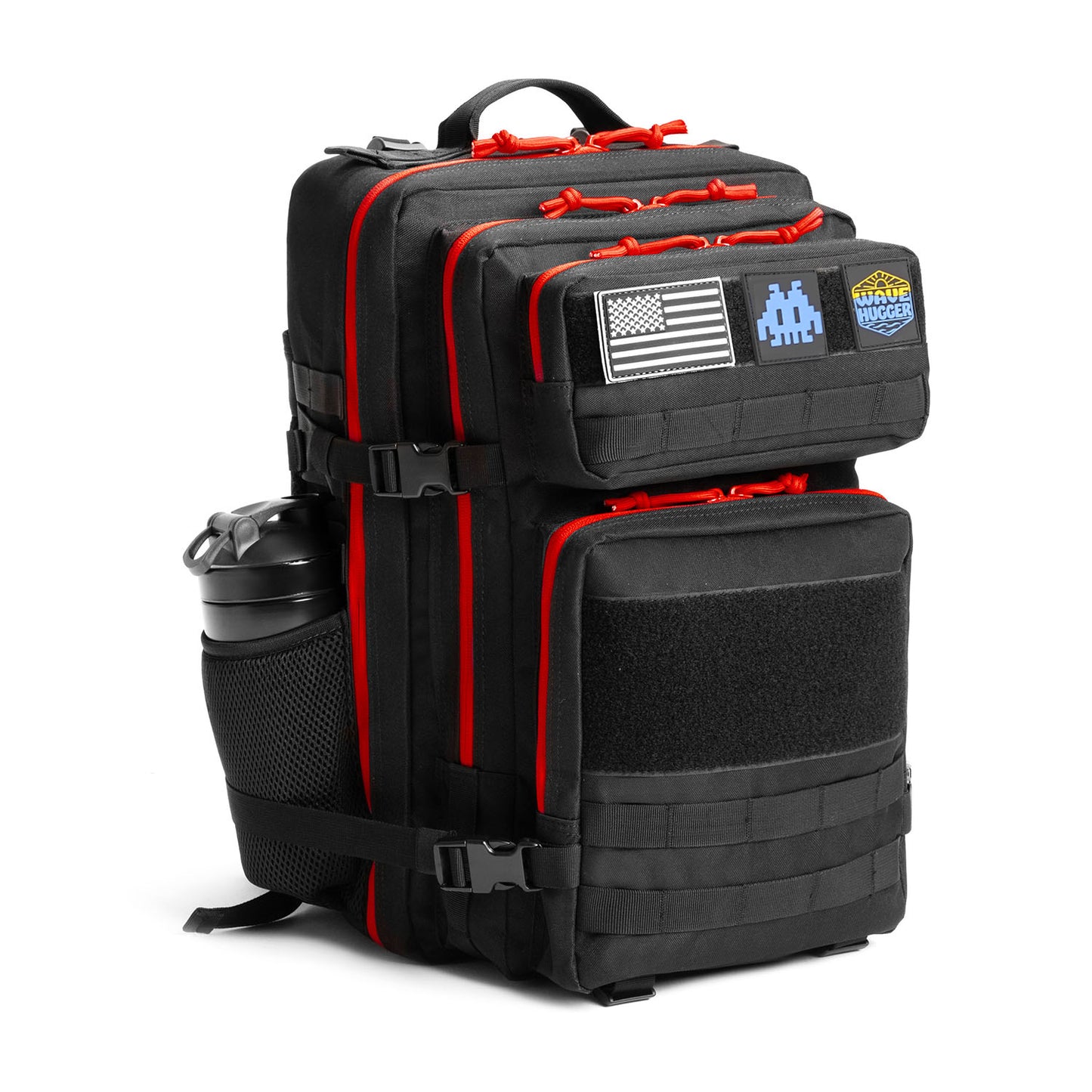 Black tactical backpack with red accents on a white background