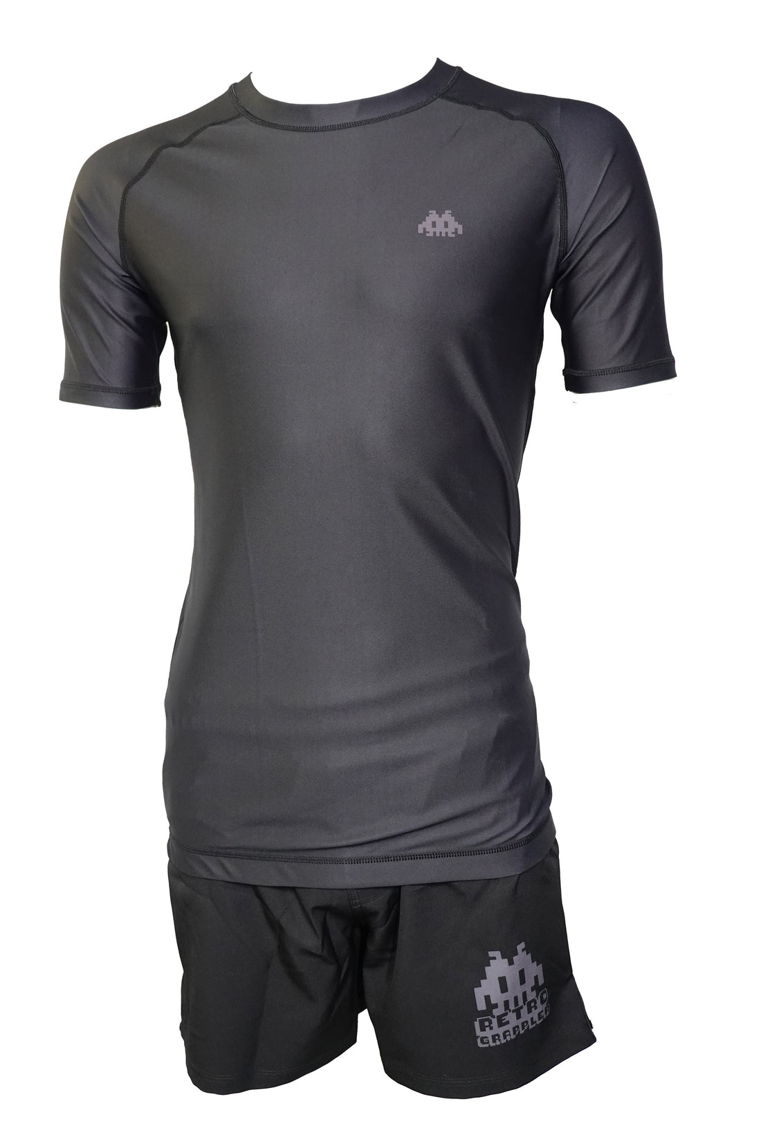 Just a black rash guard and shorts – Retro Grappler