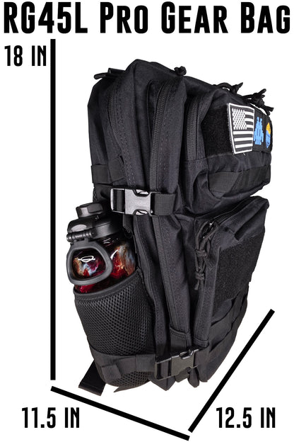 Black tactical gear bag with measurements and a water bottle on a white background