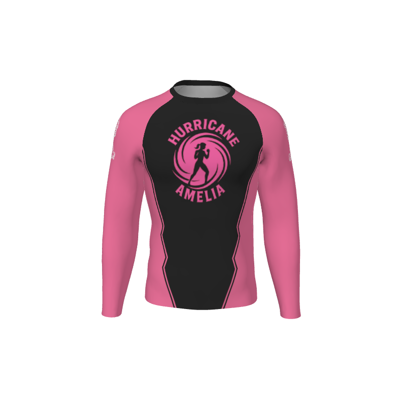The Custom Retro Grappler Jagged Long Sleeve Rash Guard in pink and black features bold zigzag patterns, HURRICANE AMELIA text, and a running person logo on the chest for a striking, retro-inspired sports look.