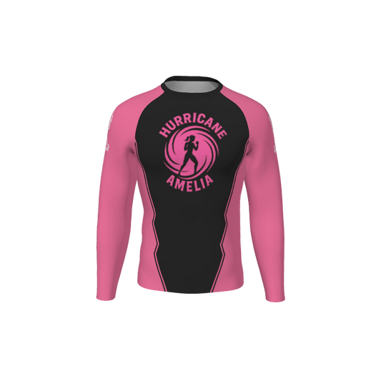 The Custom Retro Grappler Jagged Long Sleeve Rash Guard in pink and black features bold zigzag patterns, HURRICANE AMELIA text, and a running person logo on the chest for a striking, retro-inspired sports look.