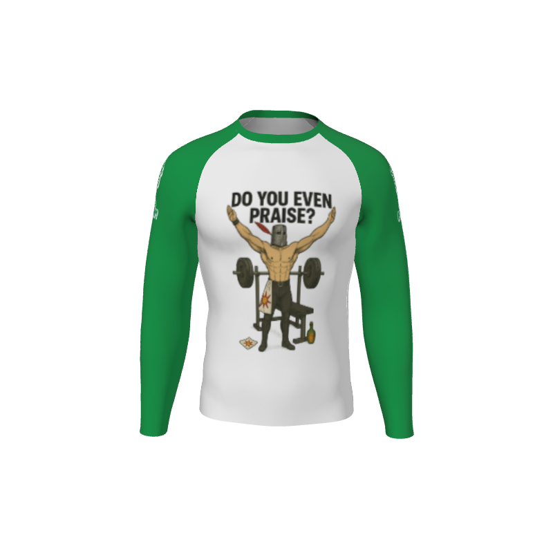 The Retro Grappler Custom Halftone Long Sleeve Rash Guard by Custom features green sleeves and a halftone graphic of a muscular man lifting a barbell with the slogan DO YOU EVEN PRAISE?.