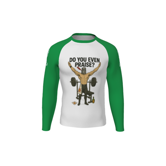 The Retro Grappler Custom Halftone Long Sleeve Rash Guard by Custom features green sleeves and a halftone graphic of a muscular man lifting a barbell with the slogan DO YOU EVEN PRAISE?.