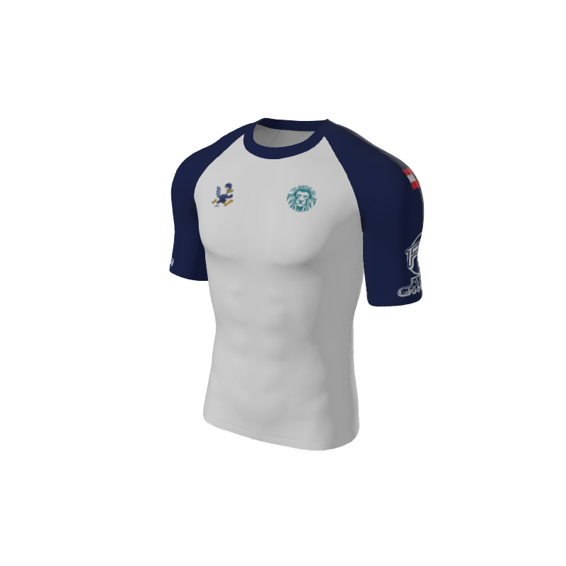 The Custom Retro Grappler Custom Single Color Short Sleeve Rash Guard features white with navy blue sleeves and various logos, including a teal lion head on the left chest, for a unique retro style.