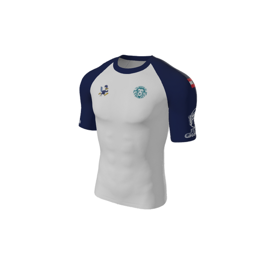 The Custom Retro Grappler Custom Single Color Short Sleeve Rash Guard features white with navy blue sleeves and various logos, including a teal lion head on the left chest, for a unique retro style.