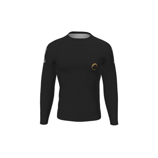 The Retro Grappler Custom Single Color Long Sleeve Rash Guard by Custom is a black long sleeve featuring a small gold circular logo on the left chest and white graphics on both sleeves, shown against a plain background.