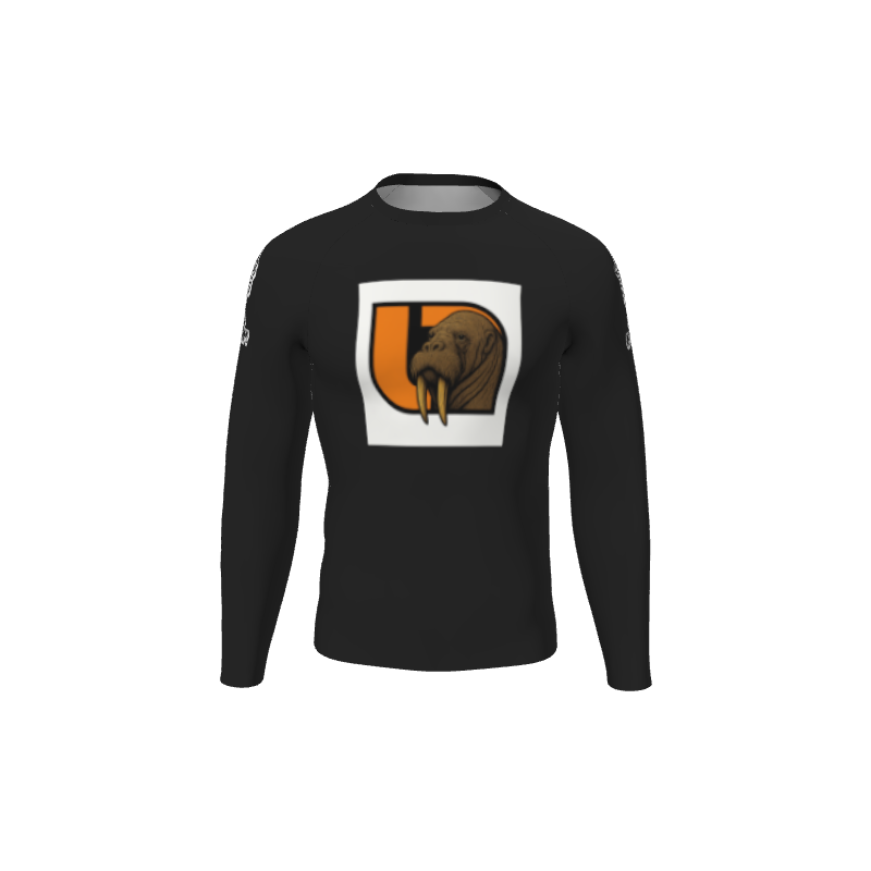 The Retro Grappler Custom Single Color Long Sleeve Rash Guard by Custom features a black design with a square logo of an illustrated walrus head on an orange and black background, ideal for Retro Grappler fans.