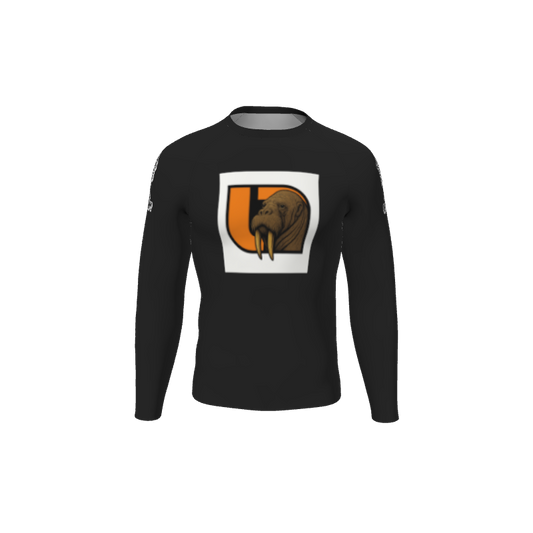 The Retro Grappler Custom Single Color Long Sleeve Rash Guard by Custom features a black design with a square logo of an illustrated walrus head on an orange and black background, ideal for Retro Grappler fans.