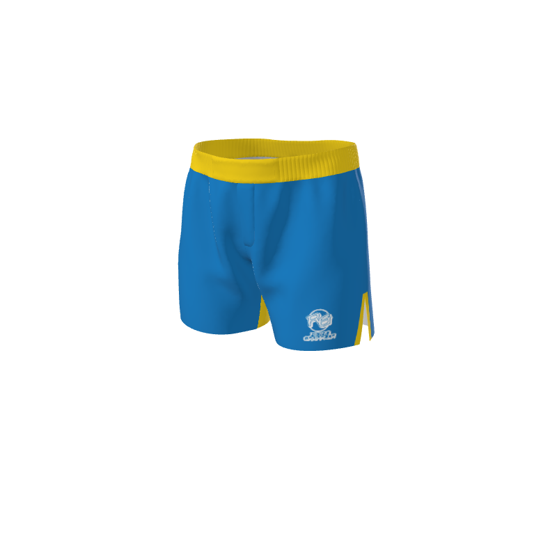 The Custom Retro Grappler Custom Solid Color Grappling Short features a blue body, yellow waistband and side accents, with a white logo and text on the lower left leg—perfect for both grappling and Muay Thai.