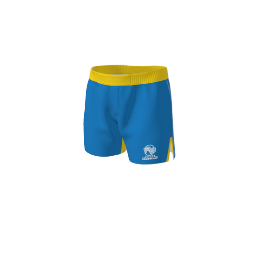The Custom Retro Grappler Custom Solid Color Grappling Short features a blue body, yellow waistband and side accents, with a white logo and text on the lower left leg—perfect for both grappling and Muay Thai.