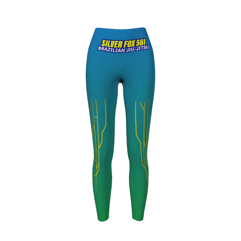 The Custom Retro Grappler Windblade Leggings feature a blue and green gradient with yellow circuit-like lines and SILVER FOX 561 BRAZILIAN JIU-JITSU on the waistband.