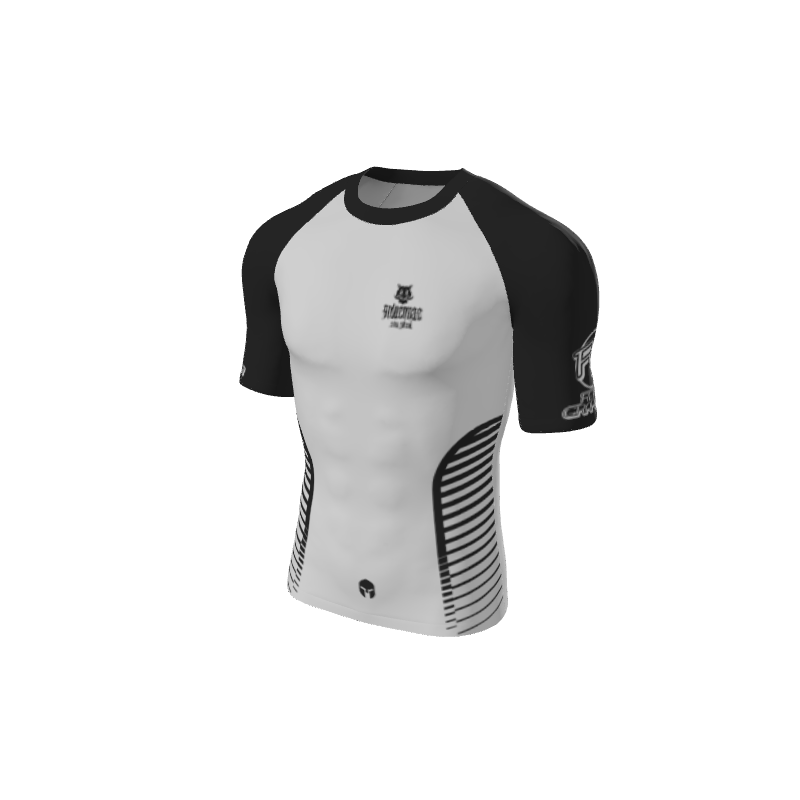 The Retro Grappler Custom Sides Short Sleeve Rash Guard by Custom features a white front, black sleeves and side panels, black lower stripes, and logos on the chest and left sleeve. Fitted and sporty—perfect for any Retro Grappler.