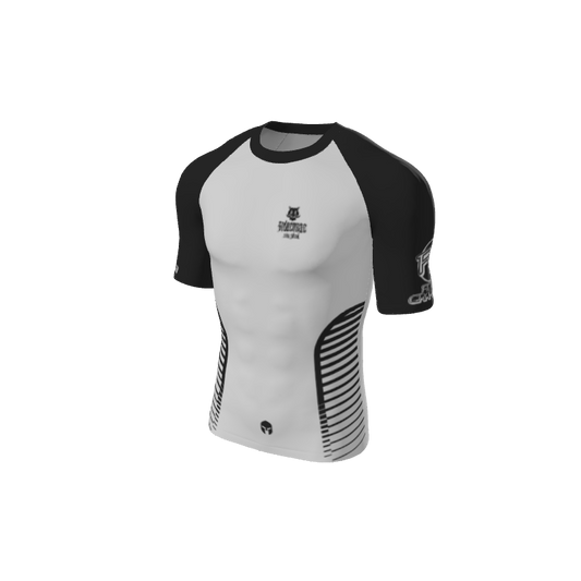 The Retro Grappler Custom Sides Short Sleeve Rash Guard by Custom features a white front, black sleeves and side panels, black lower stripes, and logos on the chest and left sleeve. Fitted and sporty—perfect for any Retro Grappler.