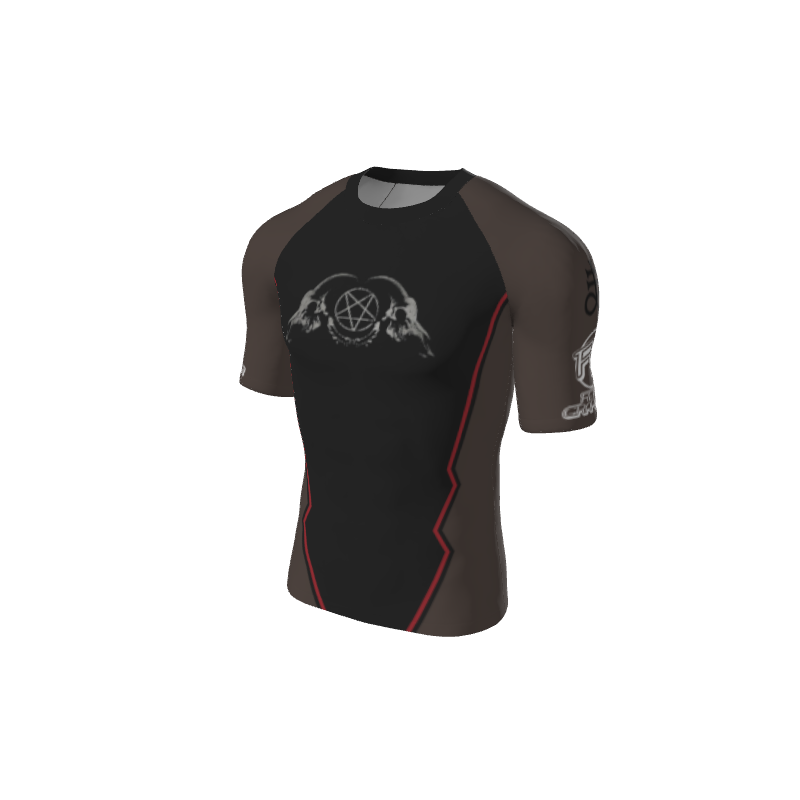 The Retro Grappler Custom Jagged Short Sleeve Rash Guard by Custom features black and dark gray colors, red accents, and a white geometric design with two wolves and a pentagram on the chest, displayed on a plain background.