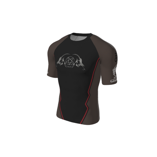 The Retro Grappler Custom Jagged Short Sleeve Rash Guard by Custom features black and dark gray colors, red accents, and a white geometric design with two wolves and a pentagram on the chest, displayed on a plain background.